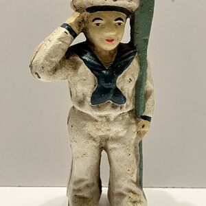 Vintage Sailor Figurine in Cream and Blue Cast Iron Coin Bank